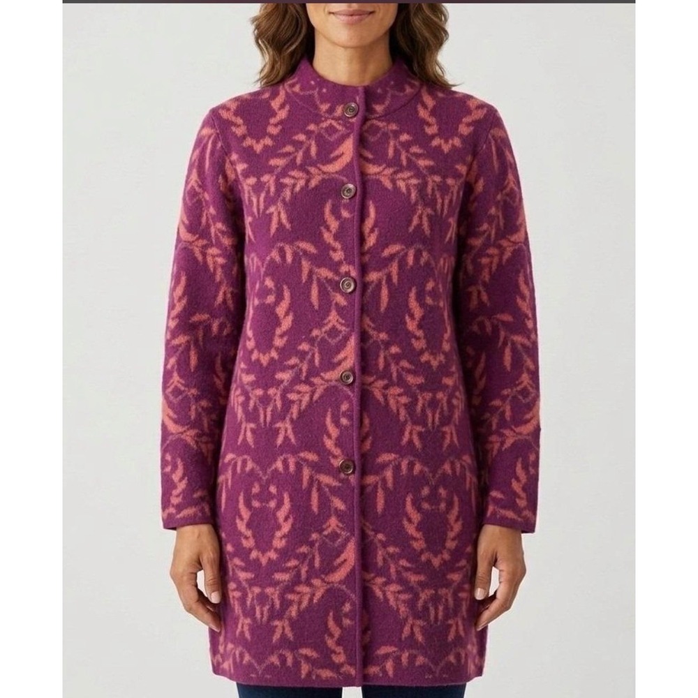 Sundance Merino Wool Blend Damask Cardigan Sweater Plum Orange Mock Neck Small